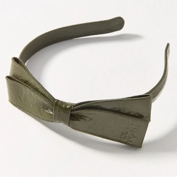 Anthropologie Violet & Brooks Faux Leather Olive Green Bow Headband - Picture 1 of 5